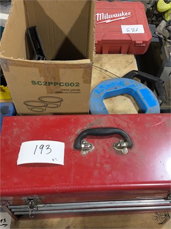 Lot 193 - Toolbox, Steel Fish Tape, Racking Brackets